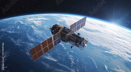 Fototapeta Naklejka Na Ścianę i Meble -  Space station orbiting planet earth with solar panels deploying