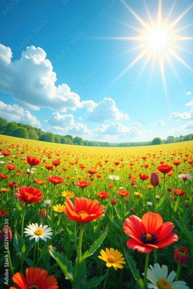 Sun-drenched flower field, azure sky overhead , sun, image Sun-drenched flower field, azure sky overhead , sun, image