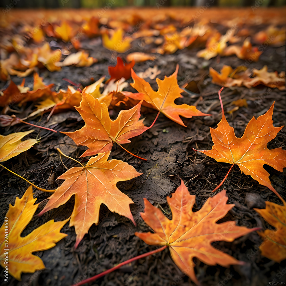 A serene autumn scene featuring vibrant orange maple leaves scattered on the ground. The foreground is crisp and detailed, showcasing the rich texture and intricate veins of the fallen leaves. A serene autumn scene featuring vibrant orange maple leaves scattered on the ground. The foreground is crisp and detailed, showcasing the rich texture and intricate veins of the fallen leaves.