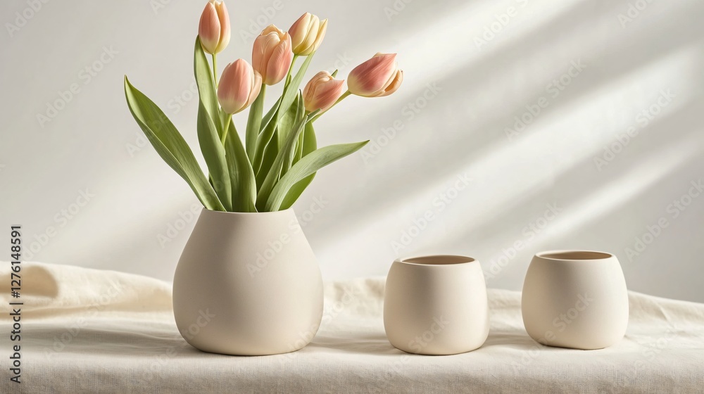 custom made wallpaper toronto digitalA ceramic vase with a modern minimalist design, filled with fresh tulips, placed on a soft beige linen surface with a blurred pastel background