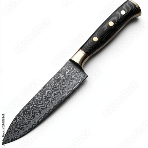 A sharp chef's knife with a Damascus steel pattern, photorealistic, white background