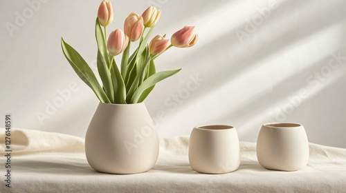 Wallpaper Mural A ceramic vase with a modern minimalist design, filled with fresh tulips, placed on a soft beige linen surface with a blurred pastel background Torontodigital.ca
