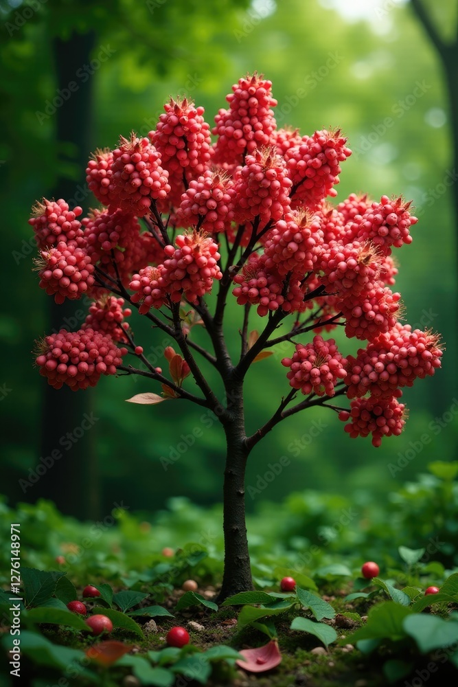 Mature Sambucus nigra tree with blooming flowers and berries, botanical, forest Mature Sambucus nigra tree with blooming flowers and berries, botanical, forest