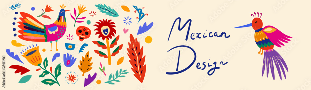 Fototapeta premium Beautiful vector banner with design for Mexican holiday 5 may Cinco De Mayo. Vector template with traditional Mexican symbols.