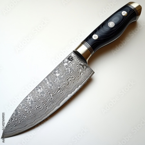 A sharp chef's knife with a Damascus steel pattern, photorealistic, white background