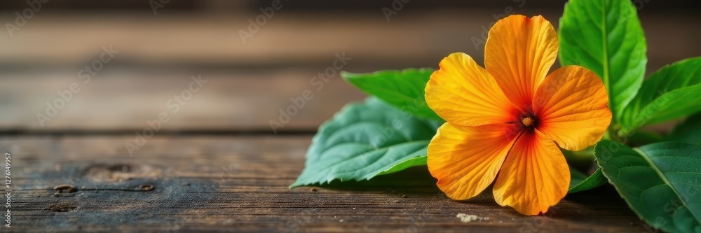 Momordica charantia flower on wooden table with green leaves, flowers, leaves, wood Momordica charantia flower on wooden table with green leaves, flowers, leaves, wood