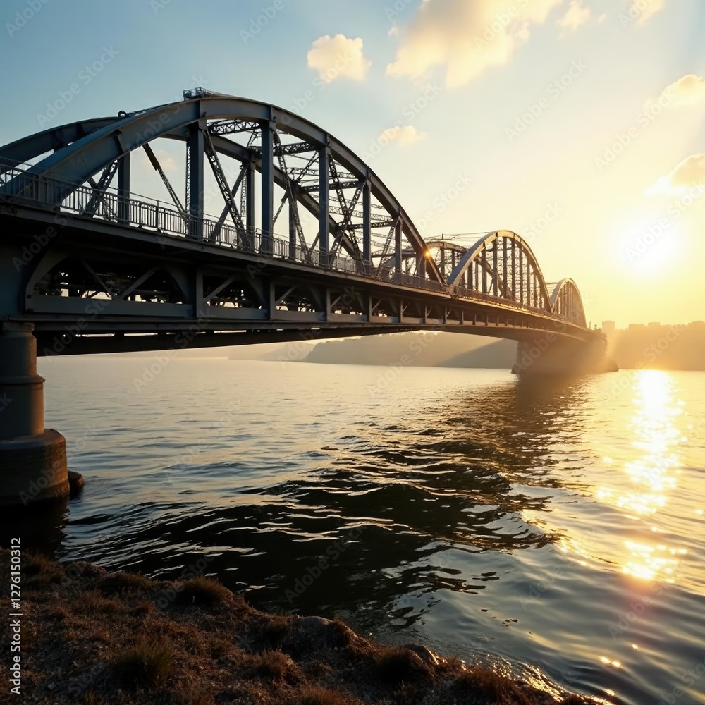 Obraz premium Morning light shines on a metal bridge over the Volga's waves, calm, reflective, light