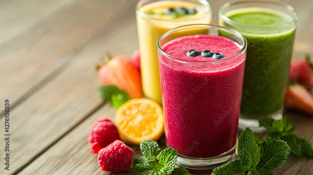 A glass of vibrant spring smoothie, surrounded by fresh ingredients, placed on a light wooden surface A glass of vibrant spring smoothie, surrounded by fresh ingredients, placed on a light wooden surface