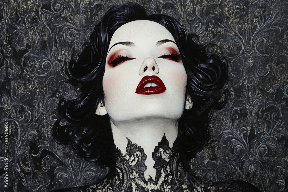 Naklejka premium Elegant woman with dark makeup and intricate lace design against textured background