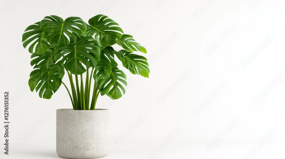 Fototapeta premium Vibrant green plant in a speckled gray pot against a plain white background. The image features bright lighting and a minimalist aesthetic