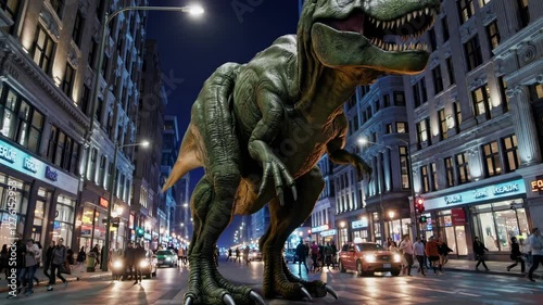 A T-Rex roams a city street at night, captured from a low-angle, blending CGI with live-action video for a dramatic, surreal effect. photo