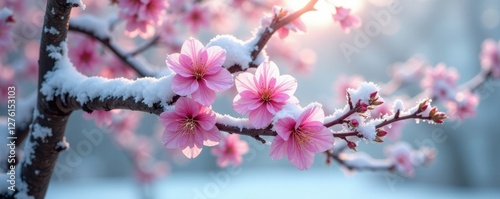 Snow-covered cherry blossom tree in frosty morning, snowcovered, still life, isolated