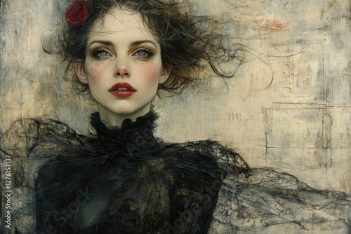 Portrait of a woman with striking features and flowing hair in an elegant black dress, showcasing a moody artistic expression