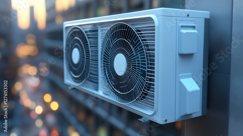 Aparato de climatización exterior en un edificio al atardecer en un día caluroso de verano