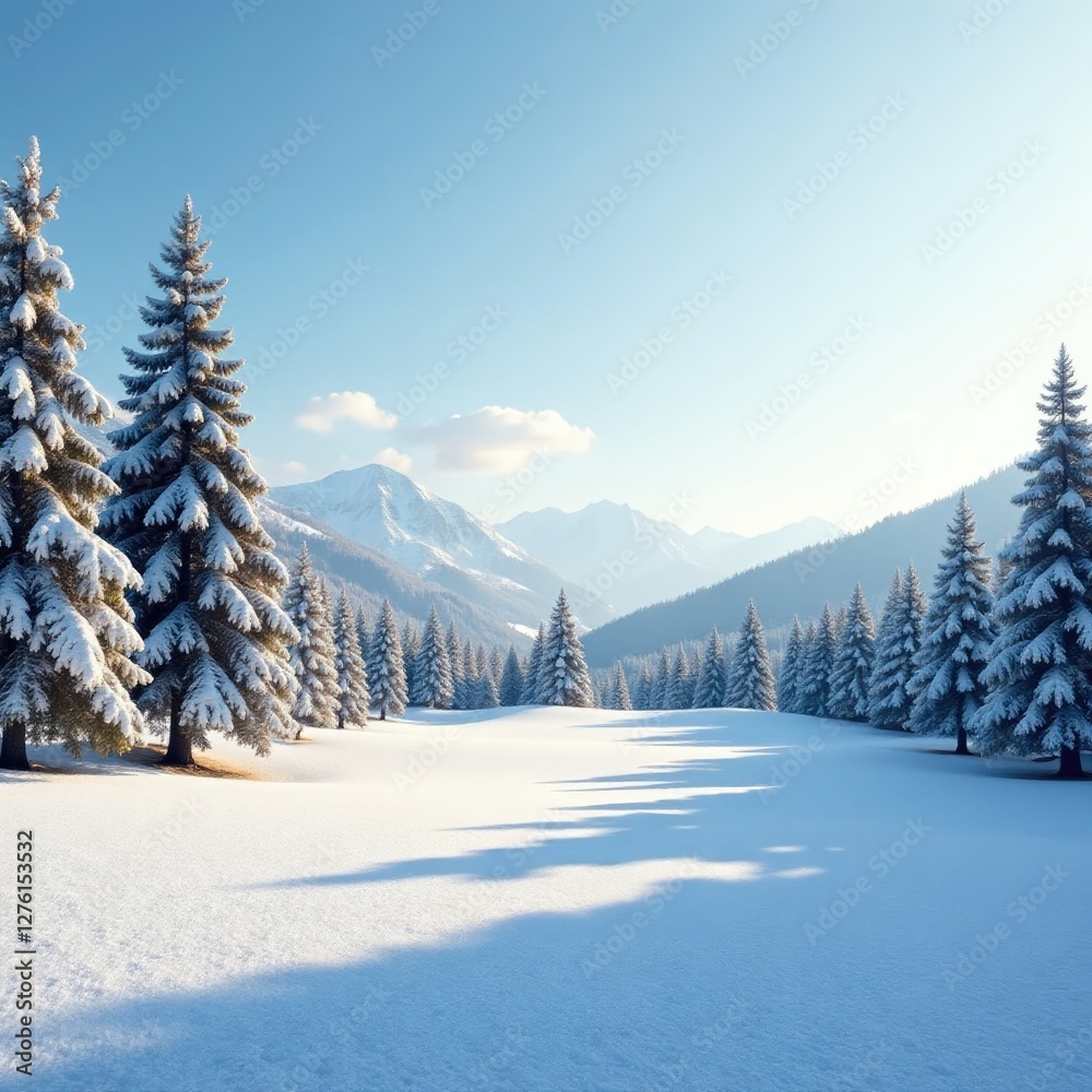 Fototapeta premium Snow-covered hills and trees on a peaceful golf course, quiet solitude, tranquil scene, snow covered hills
