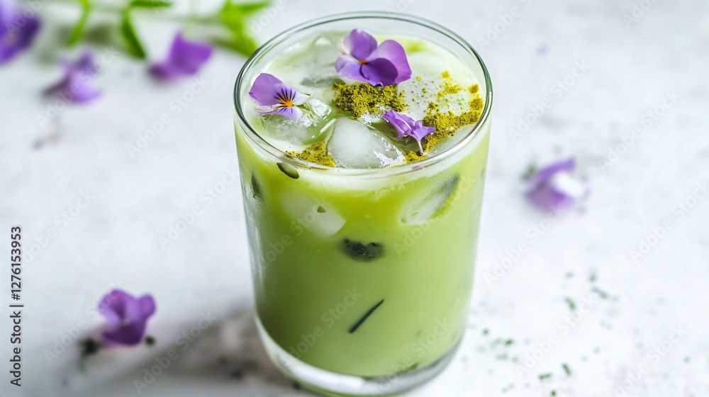 A refreshing iced matcha latte with delicate flower petals on top, served in a transparent glass, isolated on a white surface A refreshing iced matcha latte with delicate flower petals on top, served in a transparent glass, isolated on a white surface
