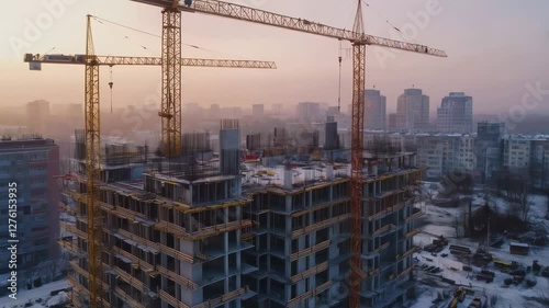 Construction of a new residential building in a city during sunset with cranes working on the site