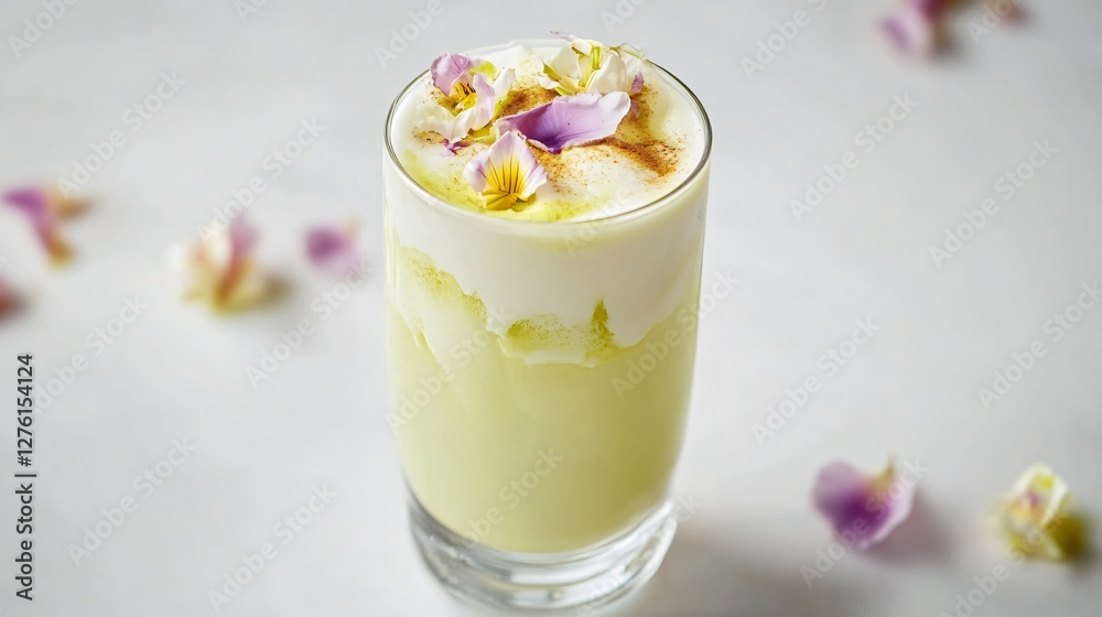 A refreshing iced matcha latte with delicate flower petals on top, served in a transparent glass, isolated on a white surface A refreshing iced matcha latte with delicate flower petals on top, served in a transparent glass, isolated on a white surface