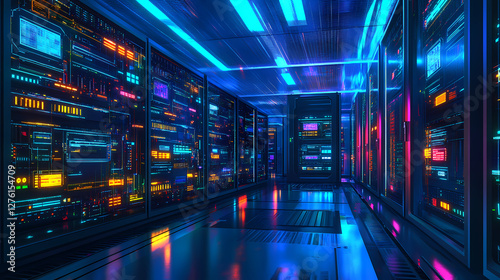 Futuristic High-Tech Room with Blue Lighting