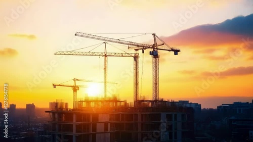 Construction cranes operate at sunset in a bustling city skyline showcasing growth and development