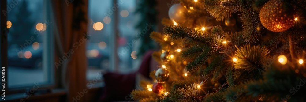 Obraz premium The warm glow of fairy lights wraps around a majestic Christmas tree, festive, cozy, warm