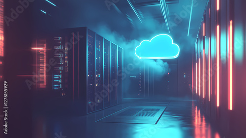 Futuristic Data Center with Blue Cloud Icon