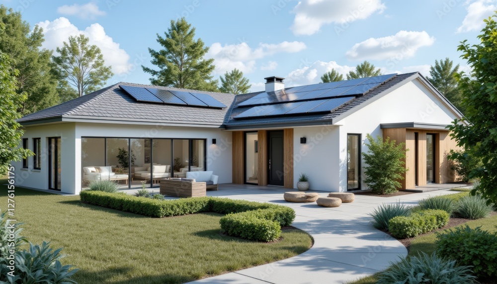 Modern Eco-Friendly House with Solar Panels in Lush Green Landscape Under Bright Blue Sky Modern Eco-Friendly House with Solar Panels in Lush Green Landscape Under Bright Blue Sky