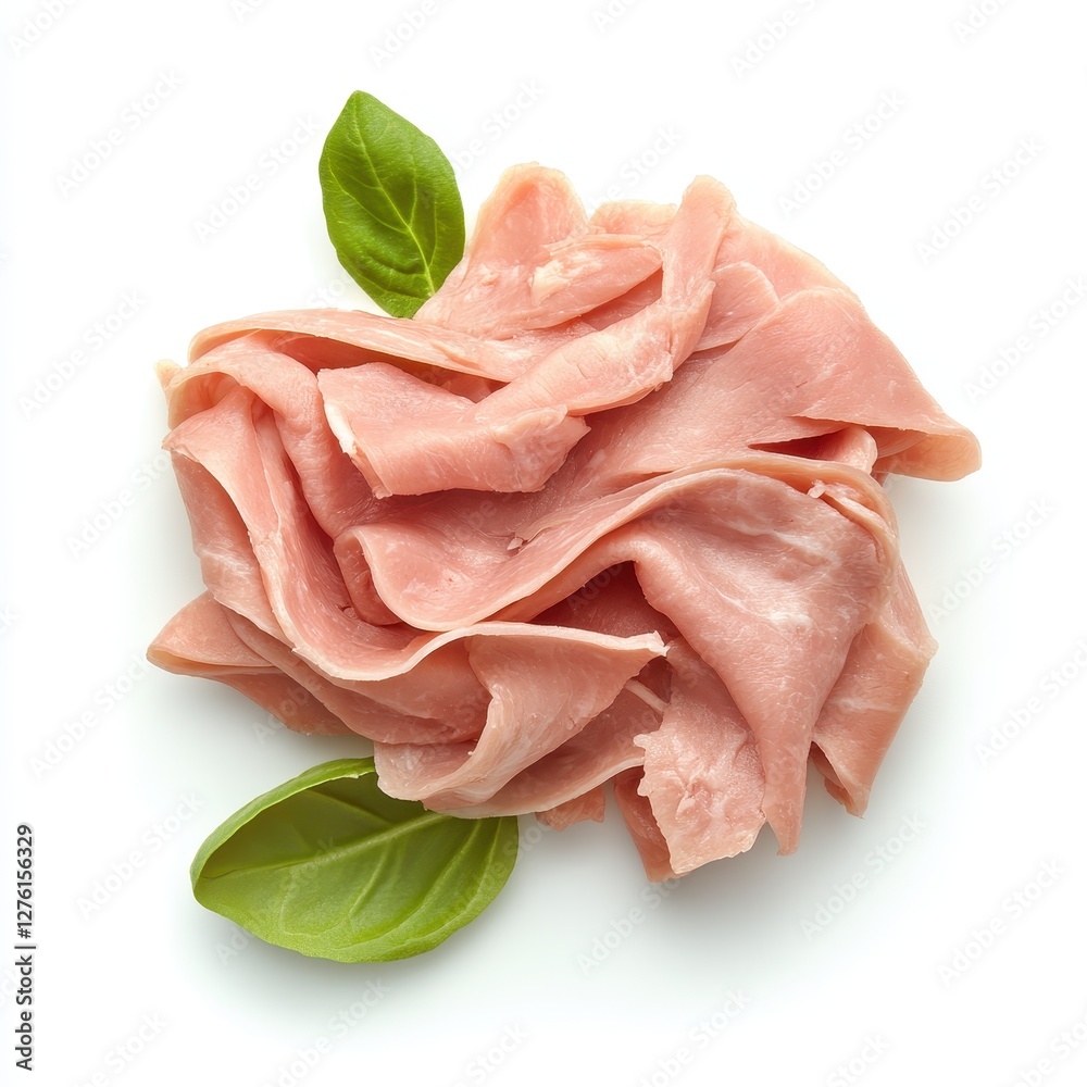 Delicious Thinly Sliced Ham with Fresh Basil Leaves. Delicious Thinly Sliced Ham with Fresh Basil Leaves.