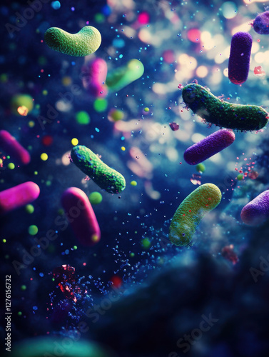Bacteria in a human microbiome with glowing particles