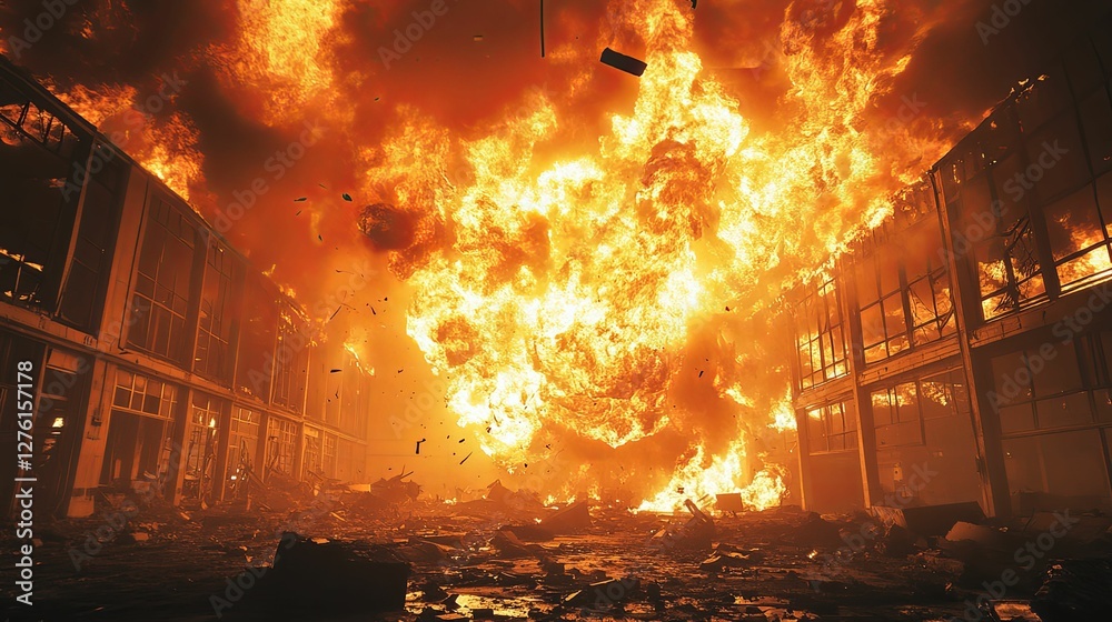Naklejka premium Intense inferno engulfing a large building causing significant destruction