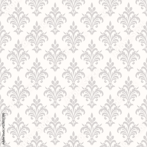 Elegant damask seamless pattern. Subtle vector ornamental background. Ornament in baroque, rococo, renaissance, revival style. Gray and white vintage texture. Repeat design with curly floral elements