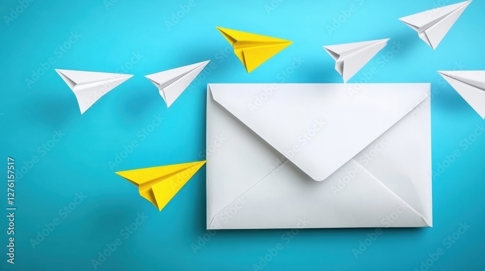 White and yellow paper airplanes surrounding a white envelope on a light blue background. Overhead flatlay shot with vibrant colors and simple White and yellow paper airplanes surrounding a white envelope on a light blue background. Overhead flatlay shot with vibrant colors and simple