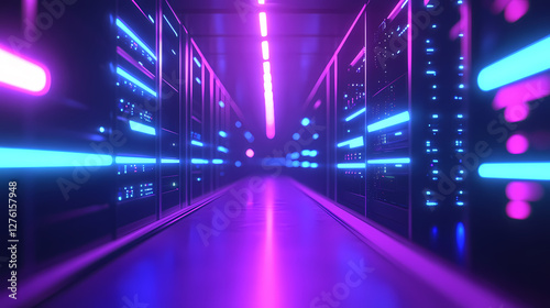Neon-Lit Tech Corridor with Futuristic Servers