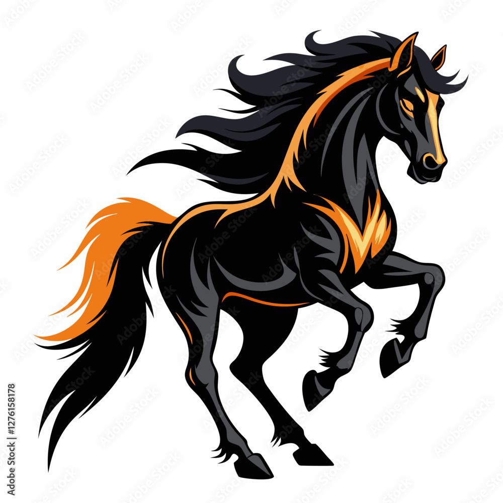 Powerful Rearing Black Stallion Vector Illustration - Orange Mane & Tail. Powerful Rearing Black Stallion Vector Illustration - Orange Mane & Tail.