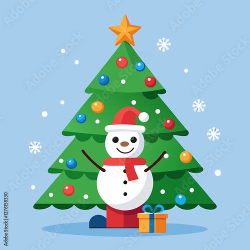 Cute Snowman Christmas Tree Holiday Illustration - Flat Design.