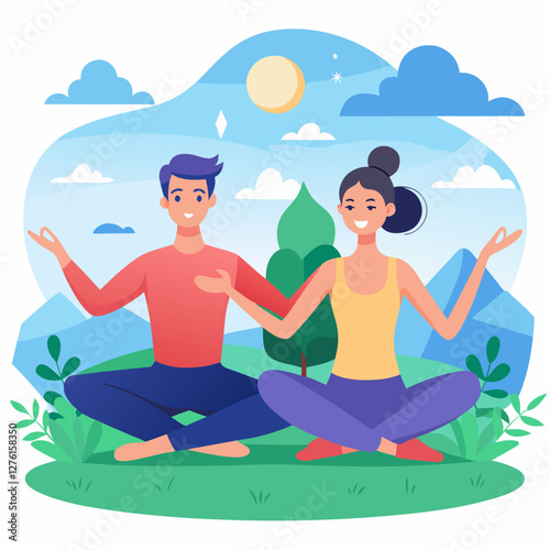 Serene Couple Meditating in Nature: Peaceful Yoga Illustration.