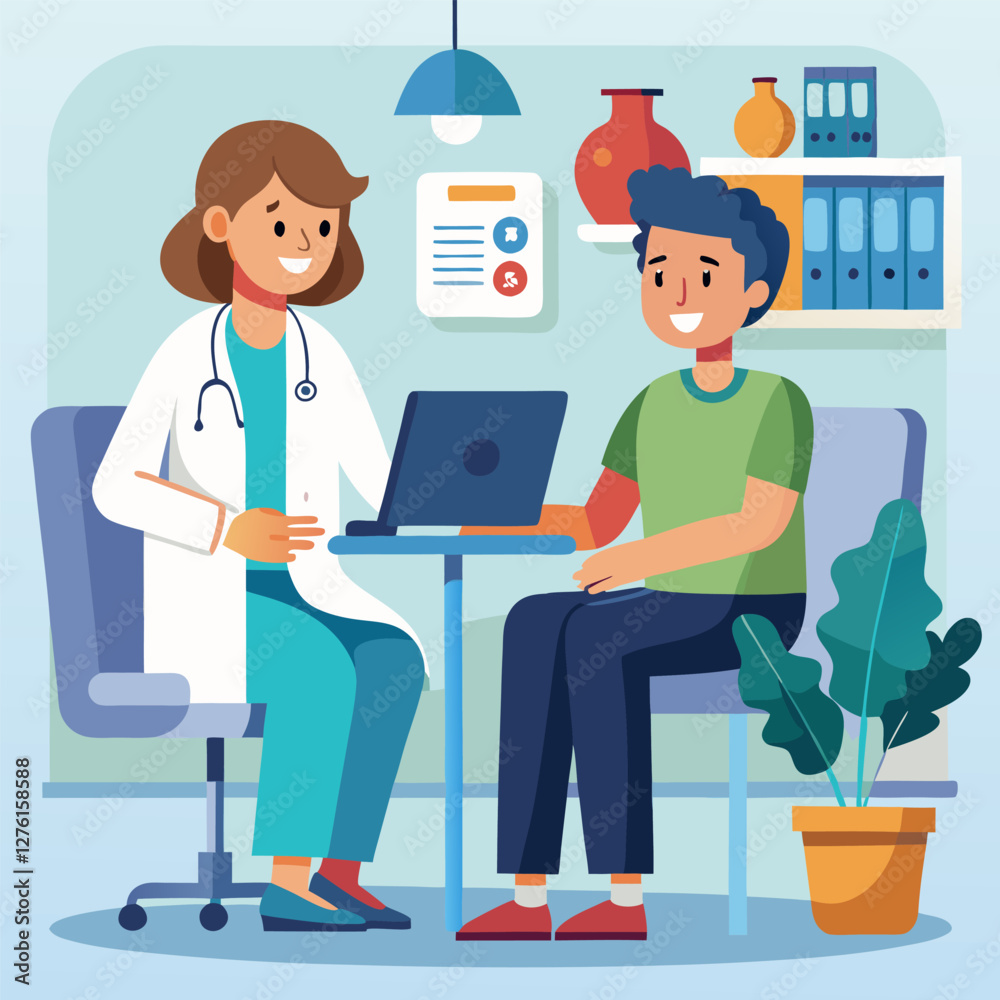 Doctor Patient Consultation Illustration: Friendly Healthcare Meeting. Doctor Patient Consultation Illustration: Friendly Healthcare Meeting.