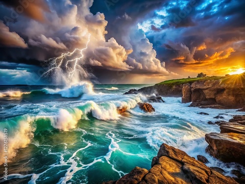 Dramatic Stormy Ocean Waves Crashing, Lightning Strikes, Nature Photography
