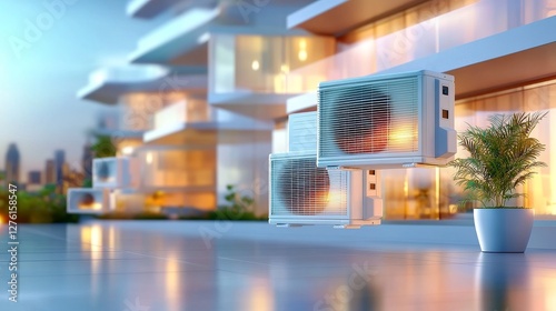 Sistemas de aire acondicionado en un moderno complejo de apartamentos durante el caluroso verano