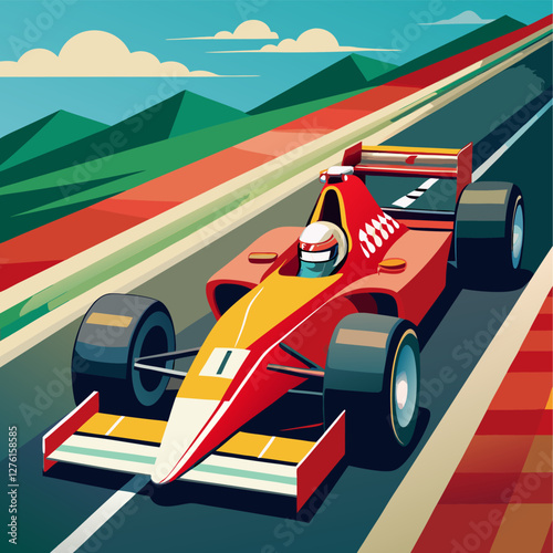 Formula 1 Race Car: Red & Yellow Vector Illustration - Mountain Road Scene.