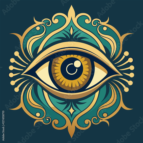 Ornate Golden Eye Vector Illustration - Teal.