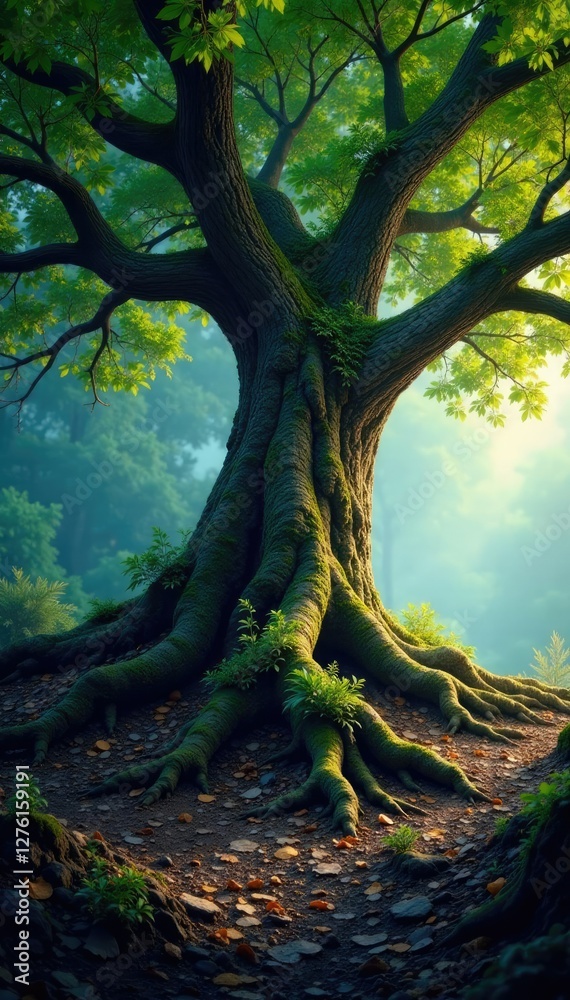 Fototapeta premium Ancient tree's gnarled roots stretch deep into earth, gnarled, tree, ancient