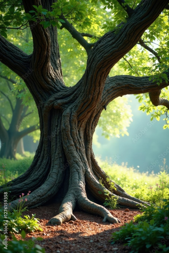 Obraz premium Ancient tree with gnarled trunk and twisted branches, ancient, tree, wooden