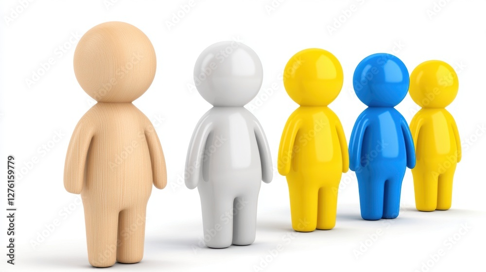 Wooden and painted figures stand in a row against a plain background. The figures are simple and childlike in design, varying in color and material Wooden and painted figures stand in a row against a plain background. The figures are simple and childlike in design, varying in color and material