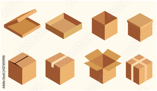Set of open and closed boxes. Brown cardboard box top view. Vector illustration isolated on white background.