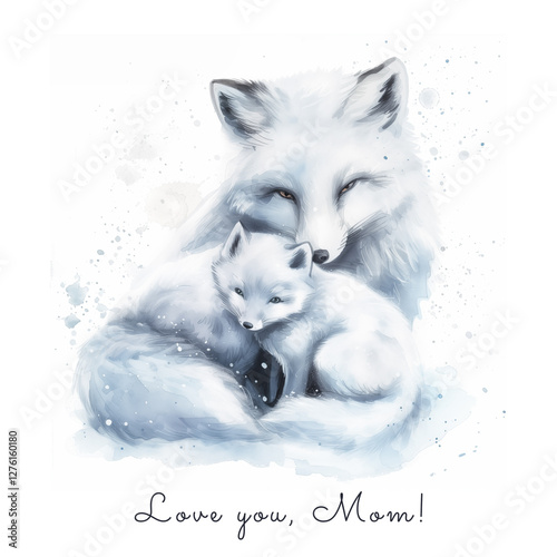 Sweet postcard of a polar fox with baby animal. Great as greeting card for Mothers, Fathers Day. Ai generated.