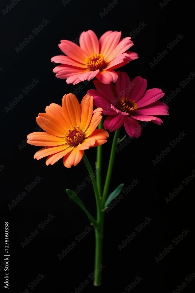 A small bunch of colorful flowers with no stems attached to a black background, isolated, black A small bunch of colorful flowers with no stems attached to a black background, isolated, black