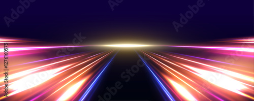 Abstract neon light trails in a futuristic high-speed motion design. Glowing spirals and curved patterns simulate an advanced, technological speed concept on a dark background.	