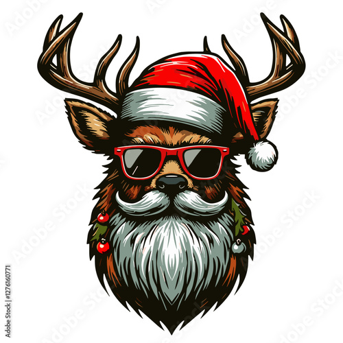 Deer with a beard in sunglasses, colored vector, flat colors, Christmas and New Year mood, transparent background 
