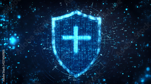 Futuristic Blue Tech Shield with Digital Code Surroundings